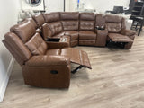 Soft saddle brown leather reclining sectional with cup holders