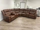 Soft saddle brown leather reclining sectional with cup holders