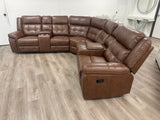 Soft saddle brown leather reclining sectional with cup holders