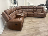 Soft saddle brown leather reclining sectional with cup holders