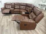 Soft saddle brown leather reclining sectional with cup holders