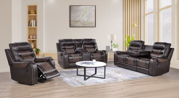 Two-tone brown leather 3 piece reclining sofa set