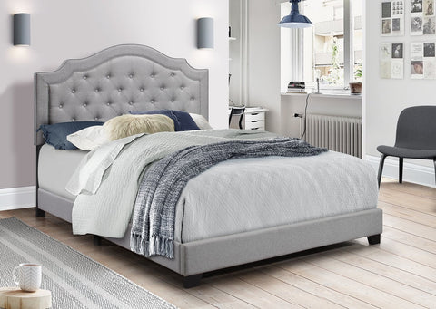 Gray Linen Bed Frame with Tufted Headboard