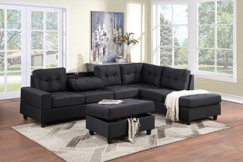Black linen reversible tufted sectional with drop down cup holders and storage ottoman