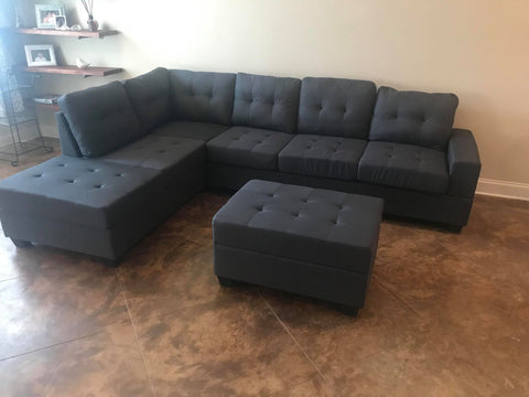 Button Tufted Dark Grey Sectional w/Reversible Chaise Lounge